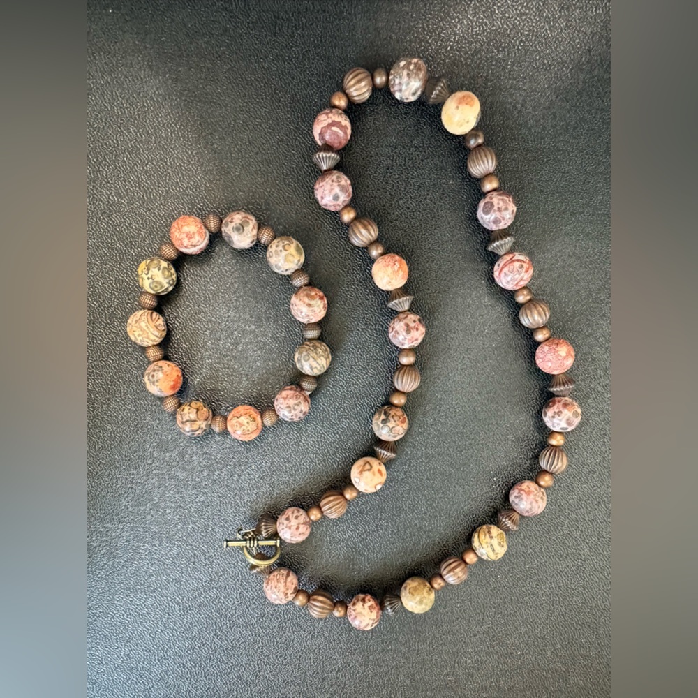 Handmade Leopard Jasper Natural Stone Beaded Necklace and Bracelet Set
